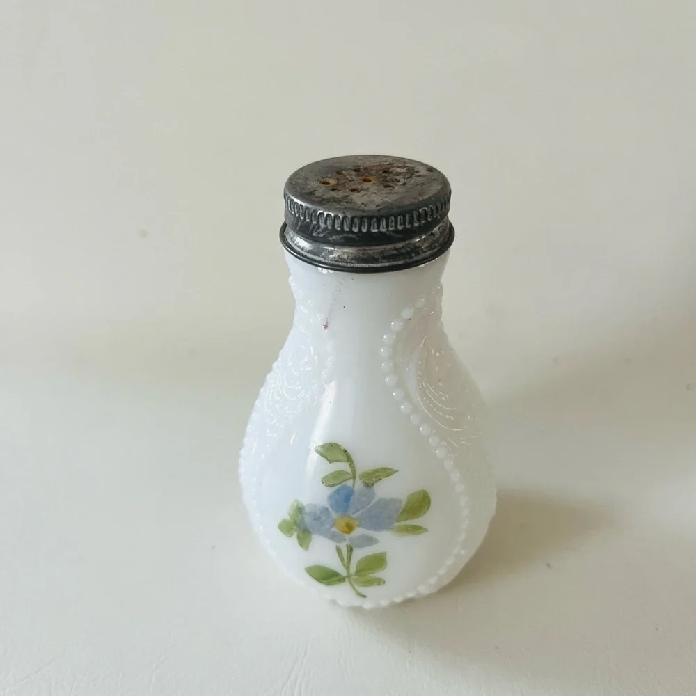Vintage Milk Glass Salt Shaker with Floral Design and Metal Lid